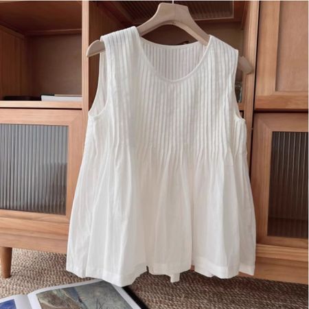 Women's White Cotton And Linen Sleeveless Vest Blouse Loose Top